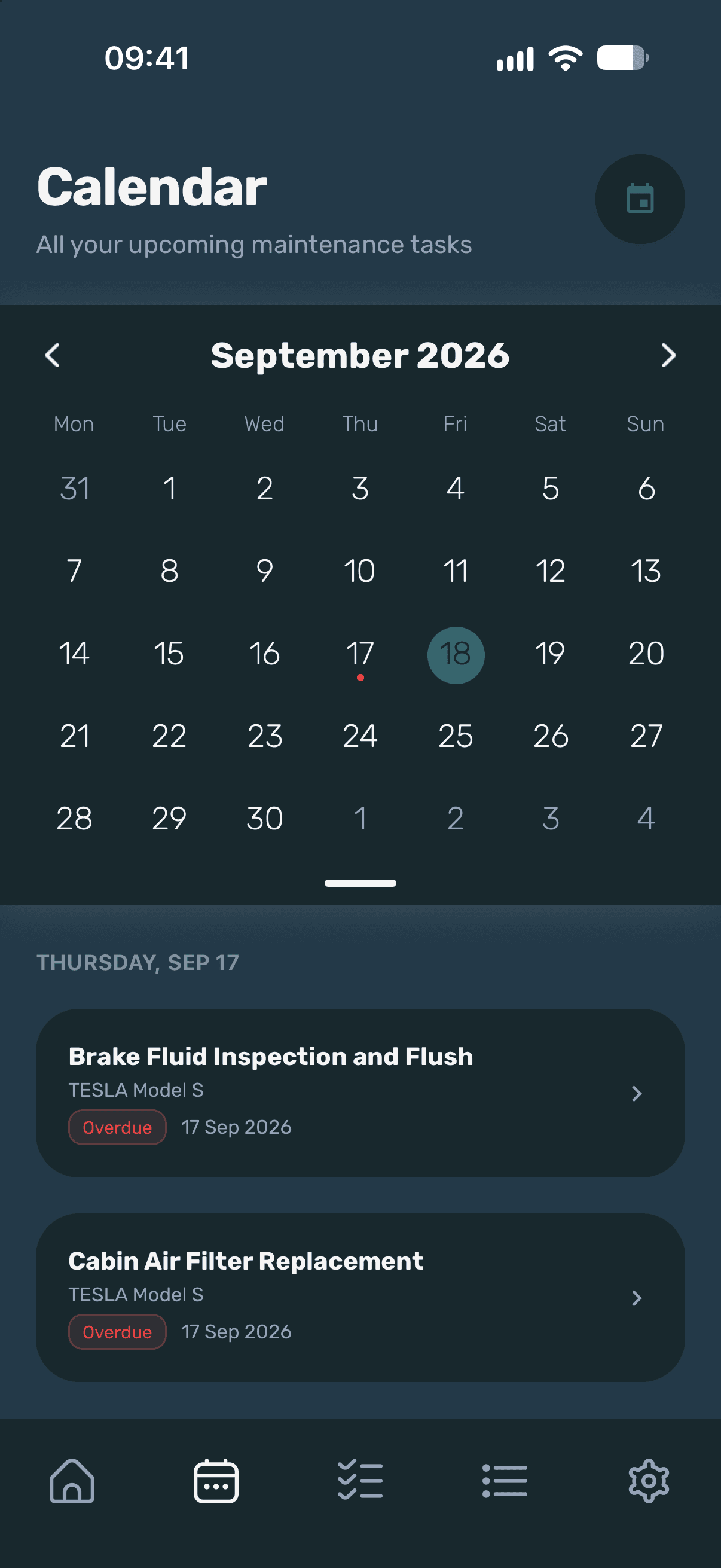 Maintencify app Calendar screen, dark theme