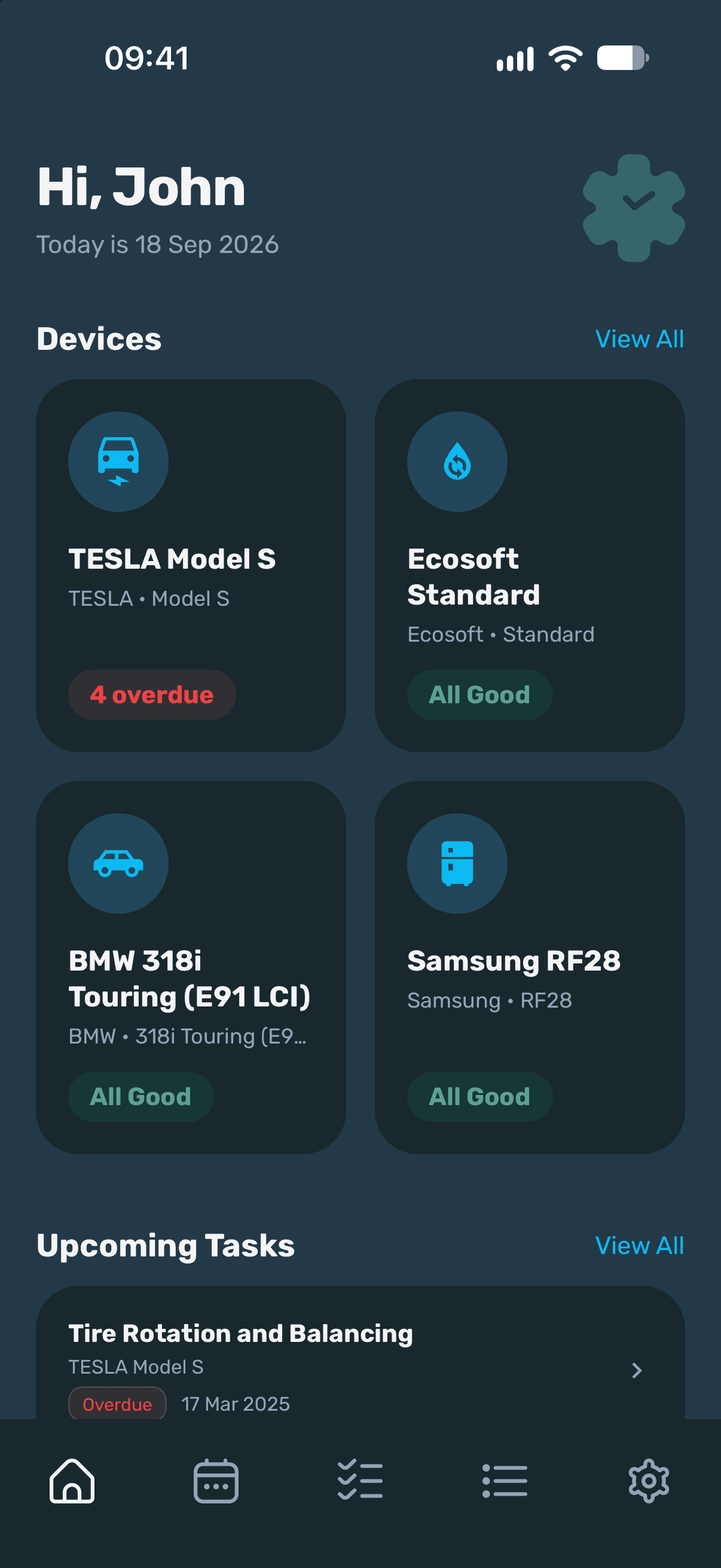 Maintencify app Home screen, dark theme
