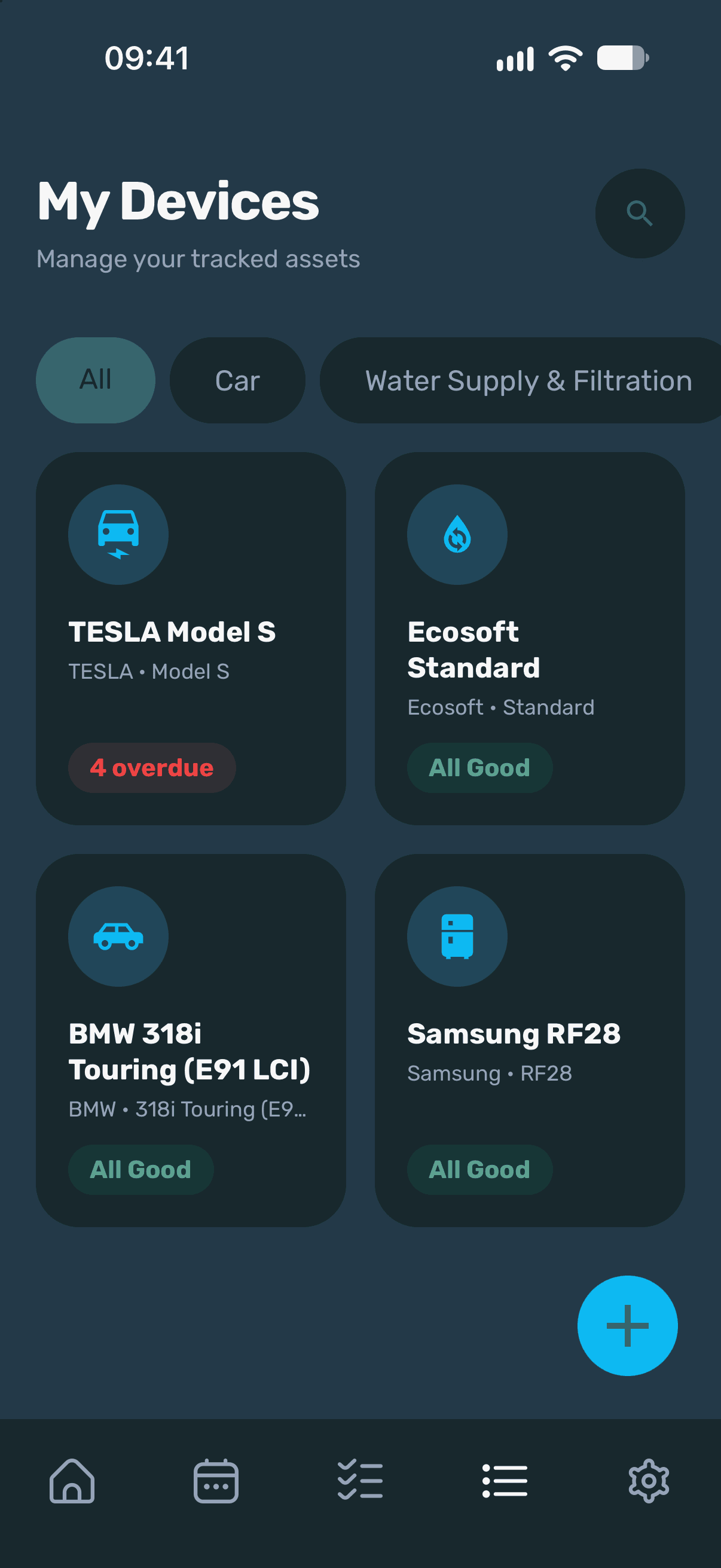 Maintencify app My Devices screen, dark theme